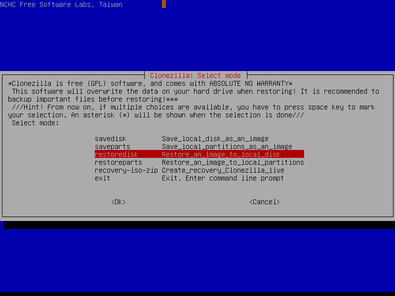 Clonezilla screenshots and photos